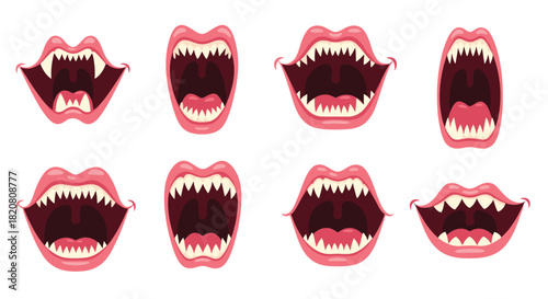 Collection of spooky cartoon monster mouths with sharp teeth and fangs, wide open in various expressions like yelling or screaming.
