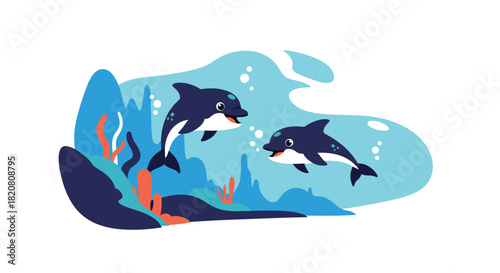 Two cheerful cartoon dolphins swim playfully underwater among vibrant coral and dark blue rock formations, with bubbles in the light blue water.