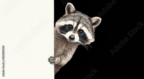 Raccoon peeking behind white panel