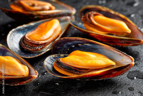 Uncooked open shell mussels highlighting fresh seafood preparation technique Generative AI