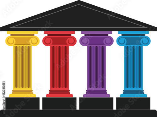 Four colorful pillars supporting a black roof, isolated on white background