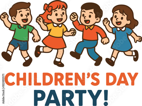 Four diverse cartoon children running happily with text Children's Day Party kids happy