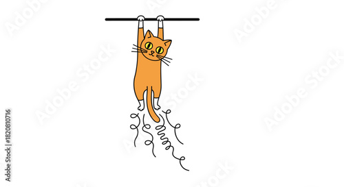 Funny cartoon orange cat hanging on to a bar with a determined expression in a simple doodle style on a white background.