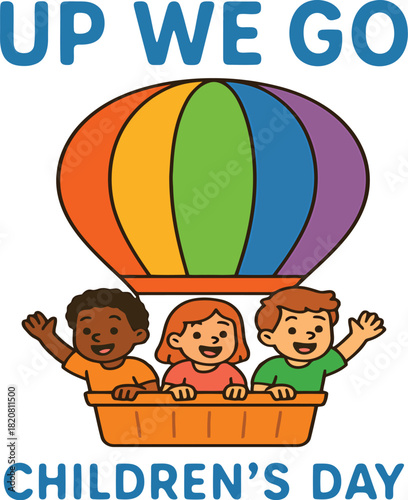 Three diverse children smiling in a rainbow hot air balloon basket with text diversity