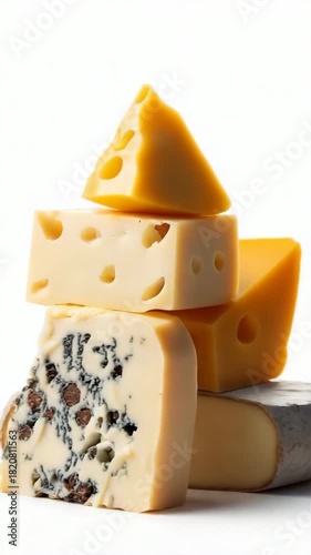 Assorted cheese stack: swiss, brie, cheddar, blue varieties displayed