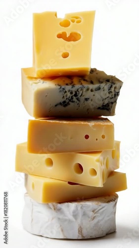 Stack of various cheese types with holes and blue veins on white background