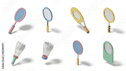Set of isometric badminton sport equipment including various rackets and shuttlecocks isolated on a white background