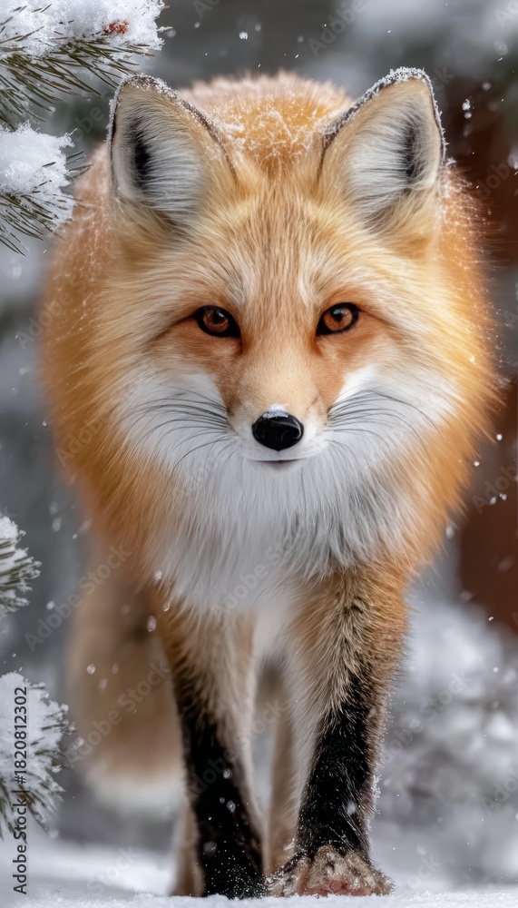 Obraz premium Elegant Red Fox Gracefully Roaming Through a Picturesque Snowy Landscape, Winter Beauty Captured