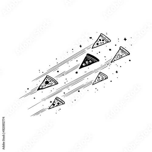 Pizza slices flying fast food illustration italian cuisine pepperoni delivery drawing sketch graphic art 100