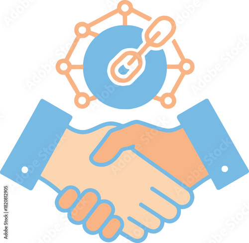 Global Blockchain Handshake Icon: Decentralized Business Partnership and World Network Trust