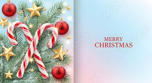 Festive Christmas Cheer: Candy Canes, Ornaments, and Golden Stars on a Holiday Card