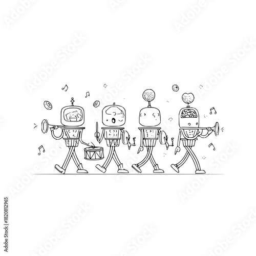 Robot parade illustration marching band with musical instruments drawing vector art for kids and adults fun art