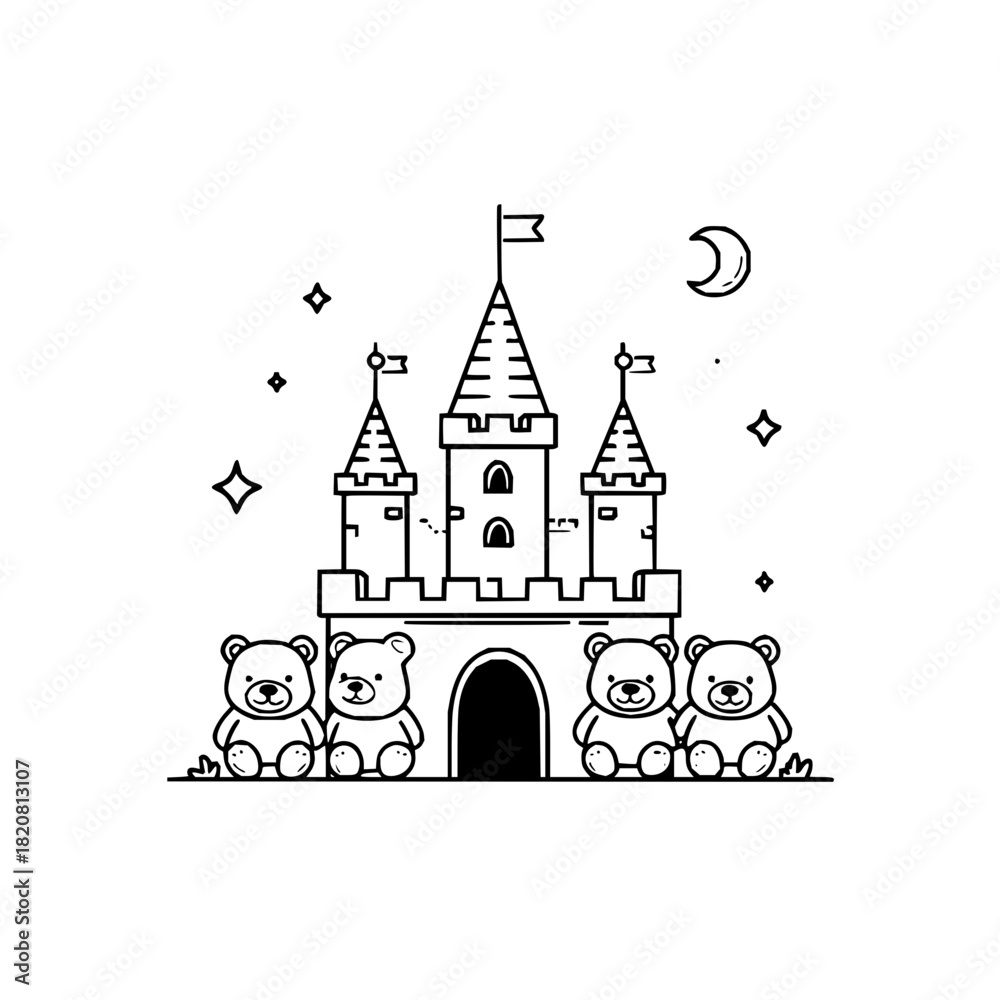 Naklejka premium Cute teddy bears at fairytale castle coloring page for kids and children activity book illustration art