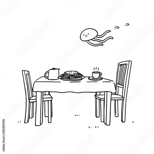 Breakfast table with pancakes and coffee with a jellyfish flying above line art illustration