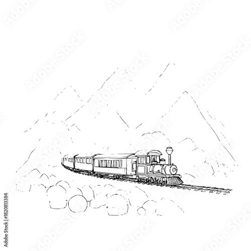 Vintage train locomotive steam engine drawing in mountain landscape black and white illustration style
