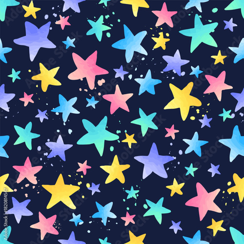 Seamless pattern with bright neon multi-color stars on dark background. Drawn stars and paint splashes of vibrant colors. Vector design for colorful magic print and creative night sky illustration.