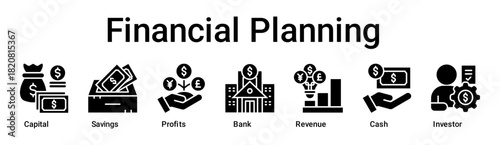 Financial Planning banner web icon vector illustration concept for business with icon of Capital, Savings, Profits, Bank, Revenue, Cash.