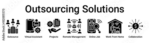 Outsourcing Solutions banner web icon vector illustration concept for business with icon of Outsource, Virtual Assistant, Projects, Remote Management, Online Job, Work From Home.