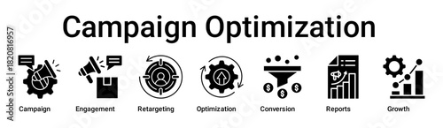 Campaign Optimization banner web icon vector illustration concept for business with icon of Campaign, Engagement, Retargeting, Optimization, Conversion, Reports.