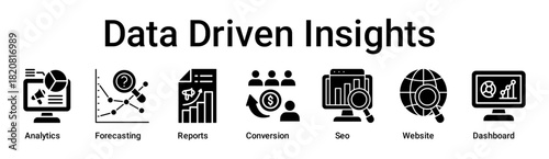Data Driven Insights banner web icon vector illustration concept for business with icon of Analytics, Forecasting, Reports, Conversion, Seo, Website.