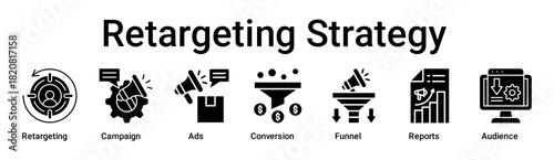 Retargeting Strategy banner web icon vector illustration concept for business with icon of Retargeting, Campaign, Ads, Conversion, Funnel, Reports.