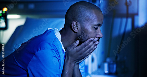 Tableau sur toile Sad, black man and patient on hospital bed at night with finance anxiety, stress or insomnia