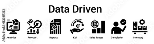Data Driven banner web icon vector illustration concept for business with icon of Analytics, Forecast, Reports, Kpi, Sales Target, Completion.