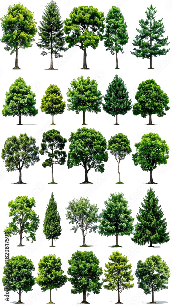 Fototapeta premium Grid of 24 various tree styles, isolated on black