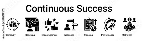 Continuous Success banner web icon vector illustration concept for business with icon of Continuity, Coaching, Encouragement, Guidances, Planning, Performance.