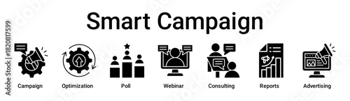 Smart Campaign banner web icon vector illustration concept for business with icon of Campaign, Optimization, Poll, Webinar, Consulting, Reports.