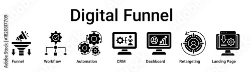 Digital Funnel banner web icon vector illustration concept for business with icon of Funnel, Workflow, Automation, CRM, Dashboard, Retargeting, Landing .