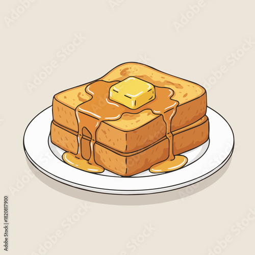 Hong Kong Style French Toast (港式西多士)
A flat vector image of golden deep-fried French toast with syrup and butter on a plate. Bold color blocks, minimal shading, cute retro café style.