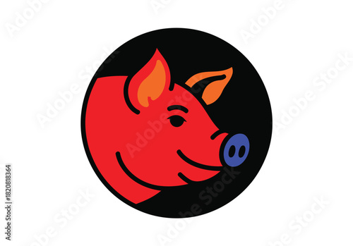 A graphic illustration of a stylized red pig's head with blue nostrils and a friendly expression, set against a black circular background.