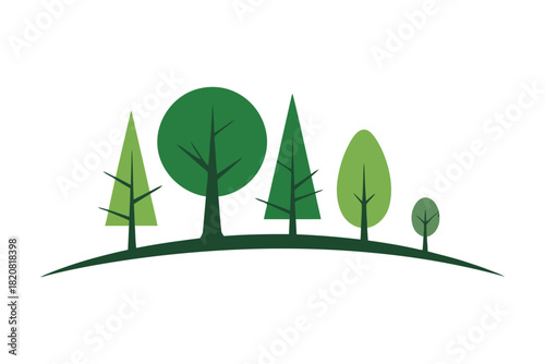 A stylized row of various green trees stands on a curved horizon line, representing nature and growth.