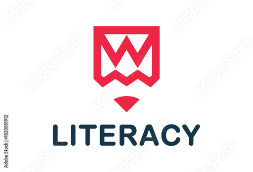 A stylized red pencil emblem with the word LITERACY below it signifies the importance of reading and education.