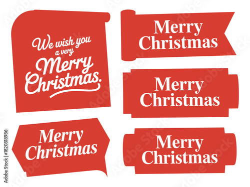 A collection of festive red holiday labels and banners displaying "Merry Christmas" greetings, perfect for seasonal decorations and gift tags.