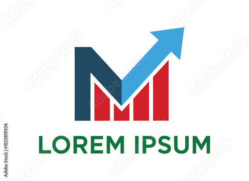A stylized letter M formed by a blue arrow and red bars represents financial growth and business success.