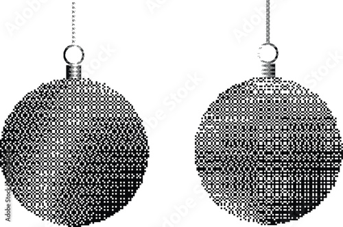 Christmas tree baubles dither pixel textured for greeting cards, posters. Vector illustration.