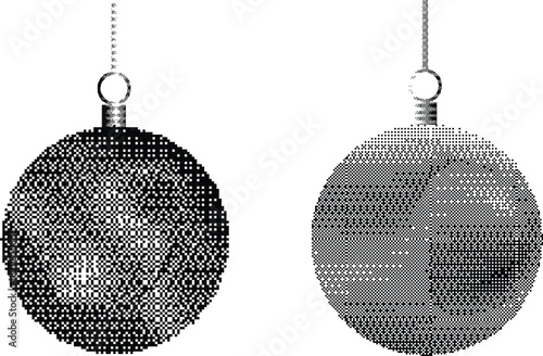 Christmas tree baubles dither pixel textured for greeting cards, posters. Vector illustration.