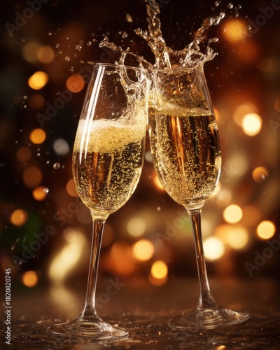Two champagne glasses clinking, with bubbly liquid splashing, against a background of warm, golden bokeh lights.