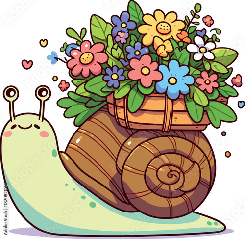 Cute Snail Carrying a Basket of Colorful Flowers