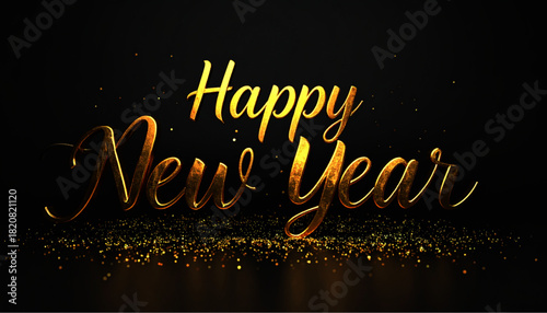 Golden "Happy New Year" Text with Glittering Particles on Black Background