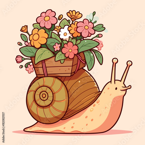 Cute Snail Carrying a Basket of Spring Flowers