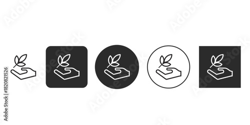 Minimalist hand holding plant sprout line icon vector | Outline illustration of sustainable ecology and growth symbol | Black and white icon set for eco-friendly gardening app interface 