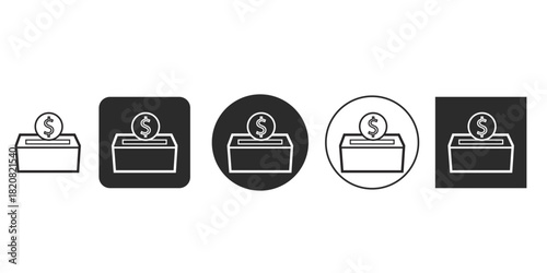 Vector icon set for money donation and charity box symbol | Minimalist fundraising savings box icon with dollar coin | Black and white financial contribution and giving graphic for UI/UX