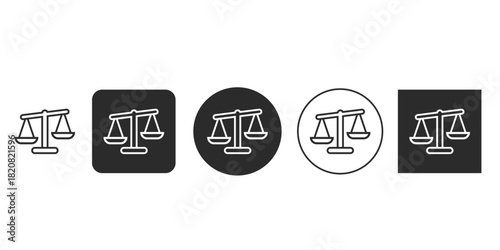 Minimalist black and white vector icon of balance scales | Scales of Justice symbol for law and legal services | Set of 5 different style justice and equality icons | Digital measurement and weighing 
