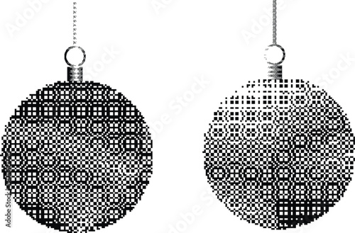 Christmas tree baubles dither pixel textured for greeting cards, posters. Vector illustration.