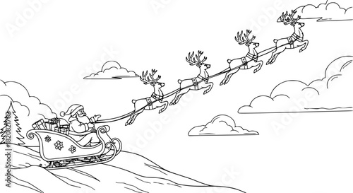 Vector art of santa claus riding in his sleigh with reindeer in front of the full moon
