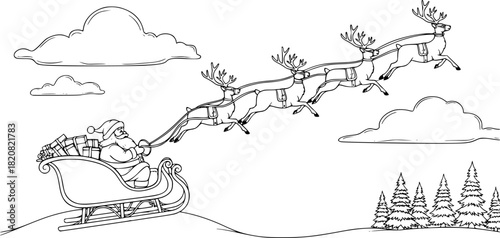 Vector art of santa claus riding in his sleigh with reindeer in front of the full moon
