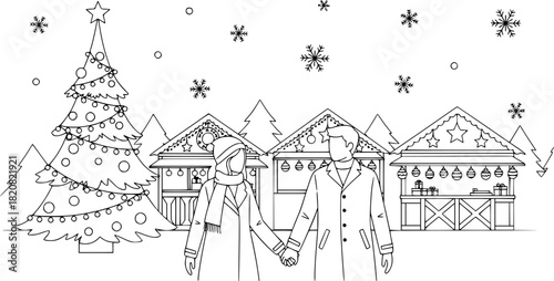 Black and white illustration of a festive christmas market scene with people shopping and enjoying the holiday atmosphere under falling snow
